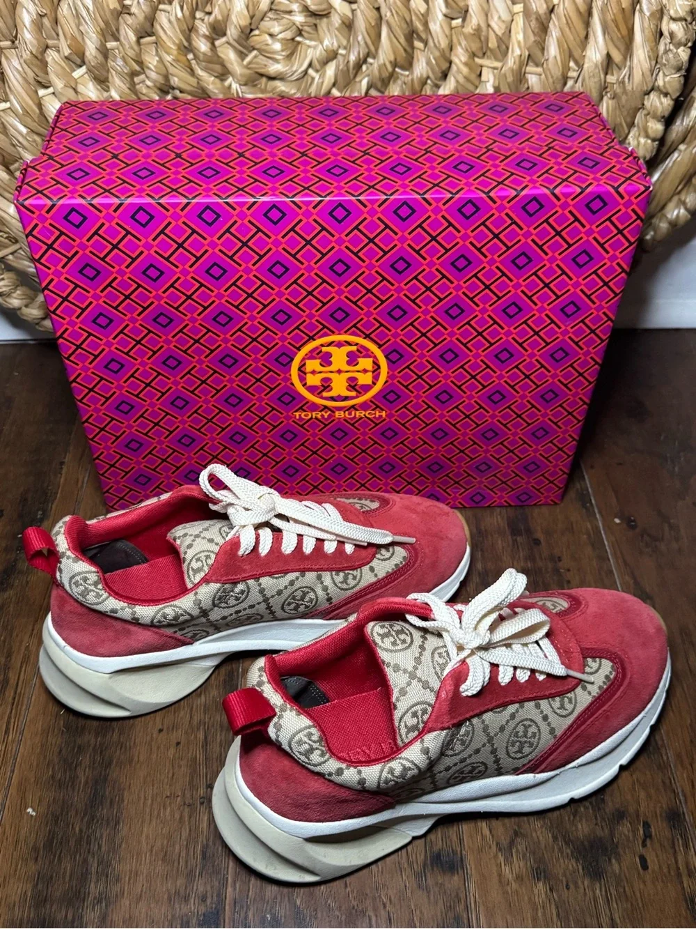 Tory Burch T Monogram Good Luck Trainers Hazel + Tory Red Low Top (Size 8.5)